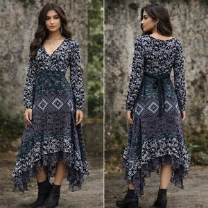 Boho Midi‎ Dress Sz S Geometric Print Long Sheer Sleeve Whimsygoth Fairy Grunge